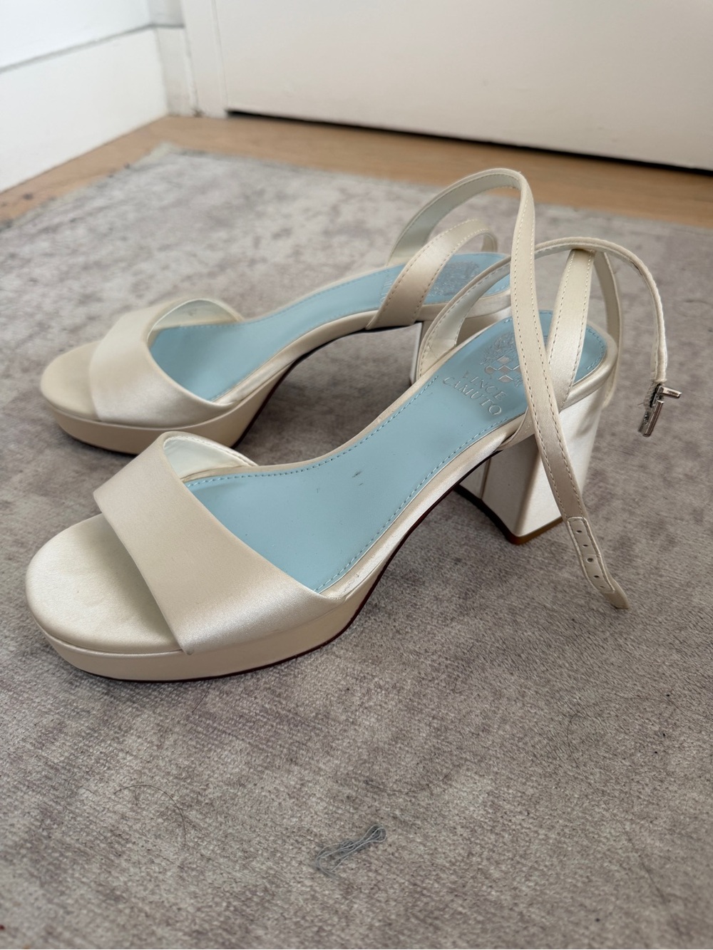 Vince Camuto Ivory Satin Block Heel Sandals with Ankle Strap size 6
